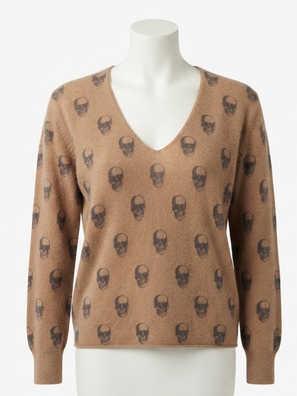 Skull Cashmere Tan Brown Skull Print V-Neck 100% Cashmere Sweater Size S